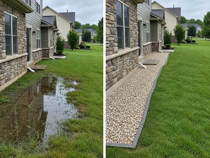 Before and after: standing water along the side of a house, then a river-rock drainage bed with edging