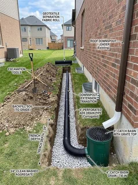 Labeled drain trench: perforated pipe in washed gravel, filter fabric and a catch basin at the downspout, about 24 inches deep