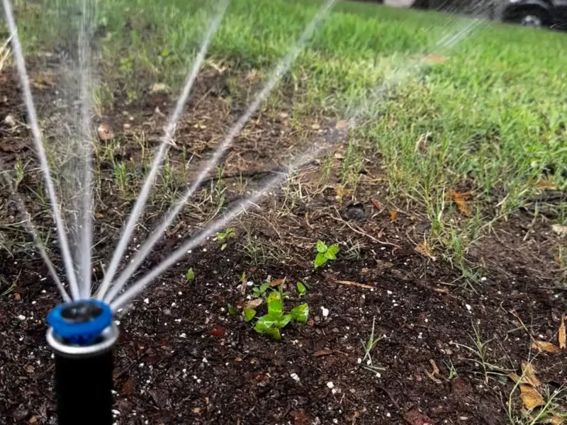 MP Rotator nozzle spreading slow, even streams over a lawn and bed