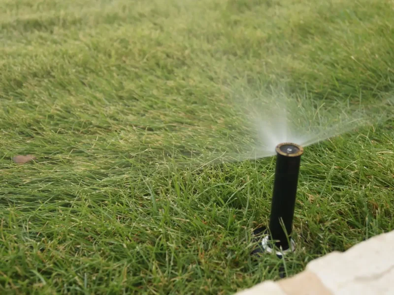 Standard pop-up spray head watering a green lawn