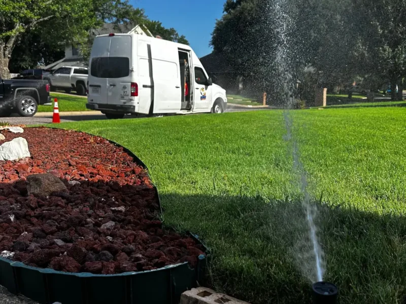 Rotor head watering a large lawn, with the Lone Star Irrigation van in the background
