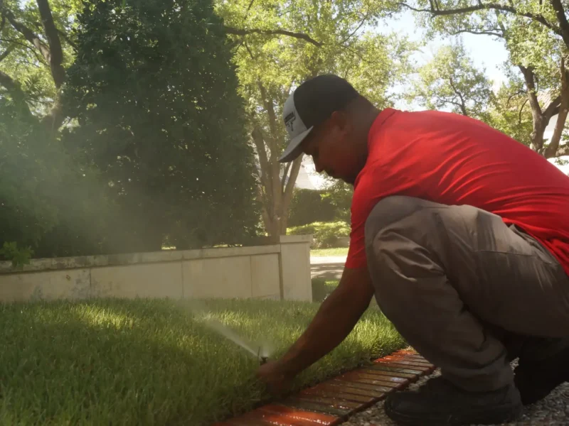 Lone Star Irrigation technician adjusting a sprinkler head on a green lawn