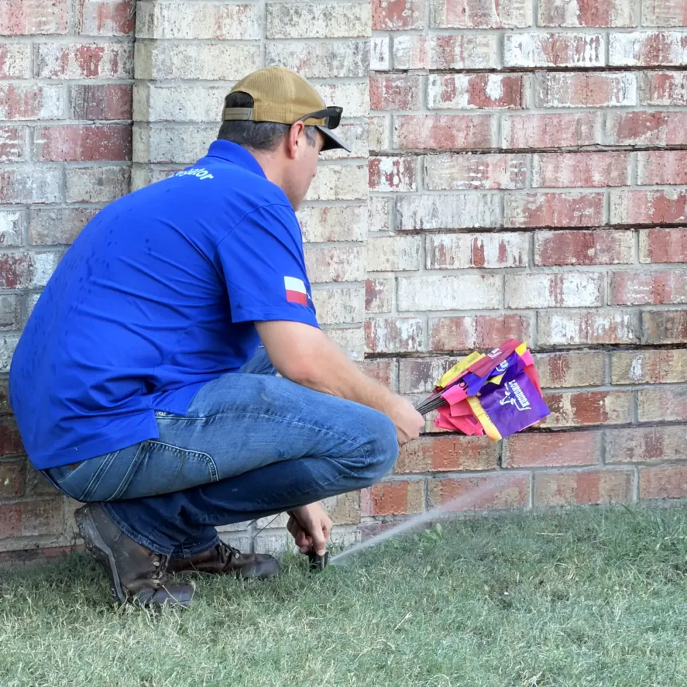 Technician marking sprinkler heads with flags along a brick wall